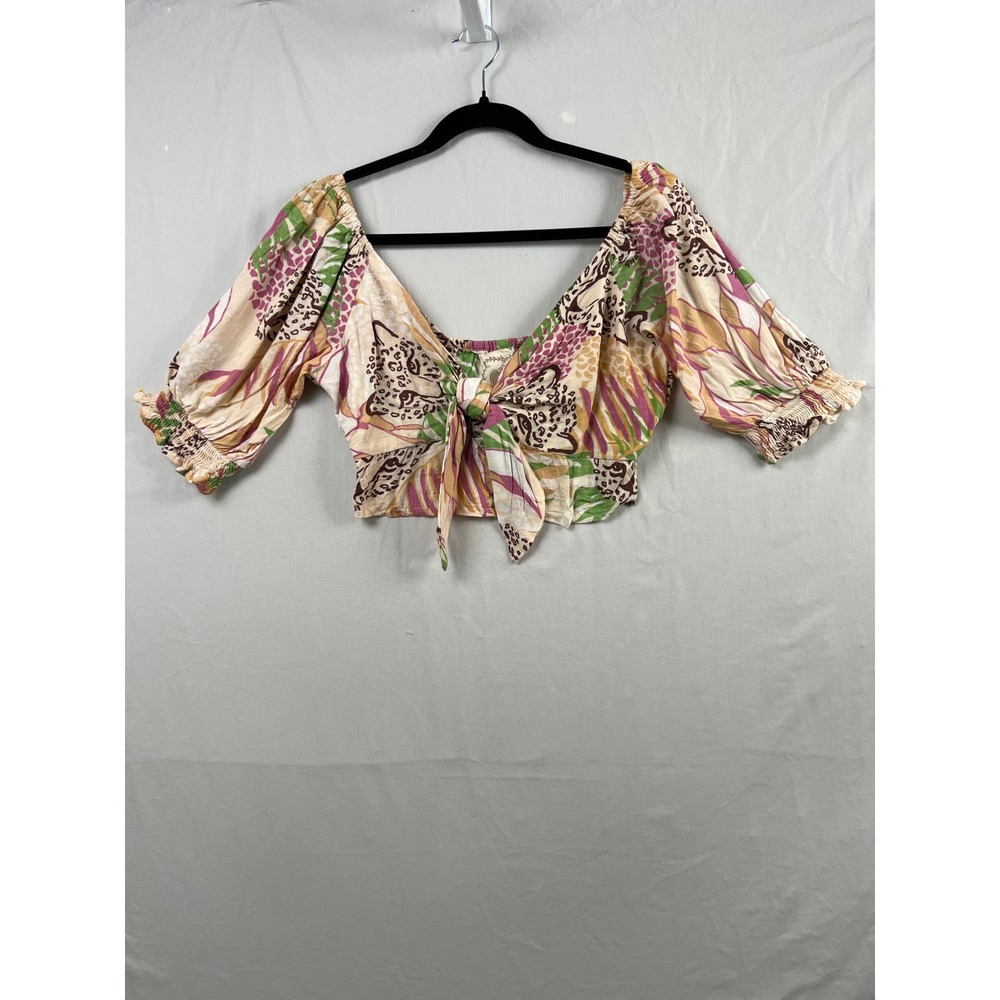 Z & L Crop Top Women Medium Tan Tropical Animal Print Tie Front Smocked Beach